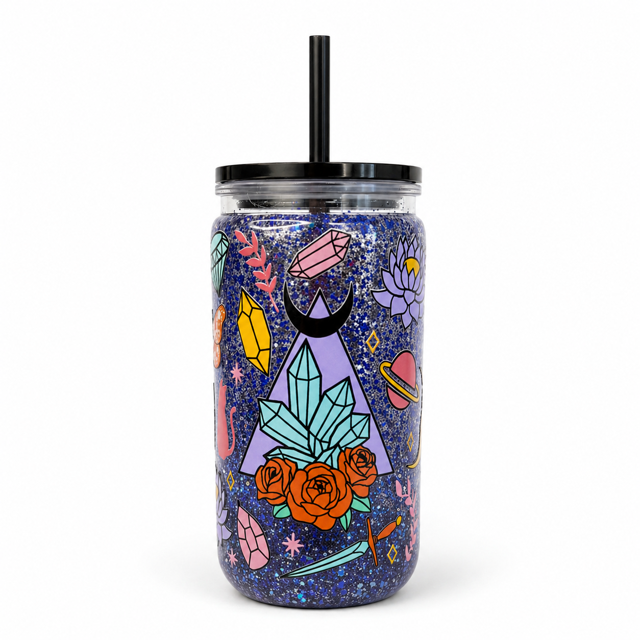 snowglobe tumbler Mystic Crystals con cristalli e simboli, vista frontale