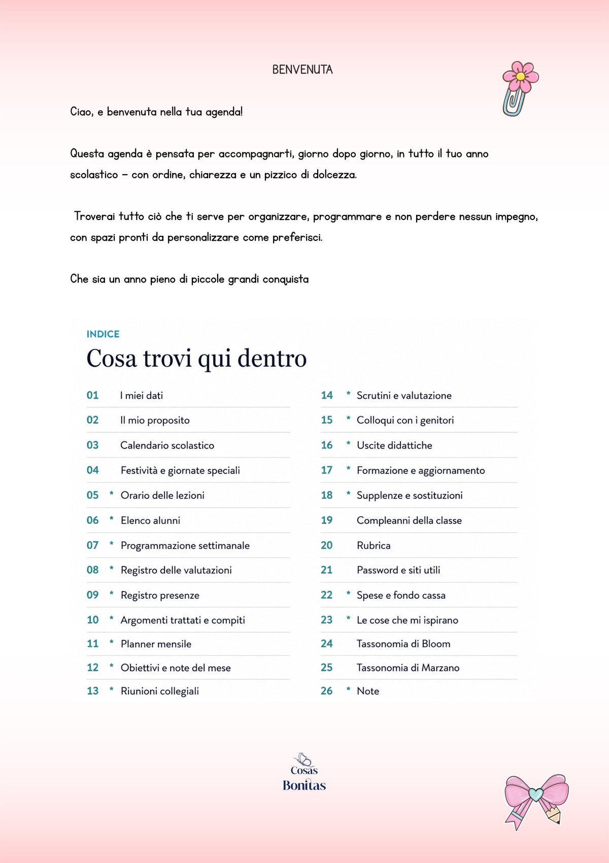Indice dell'Agenda della Maestra: 7 sezioni già in ordine, dal registro presenze alle tassonomie di Bloom e Marzano