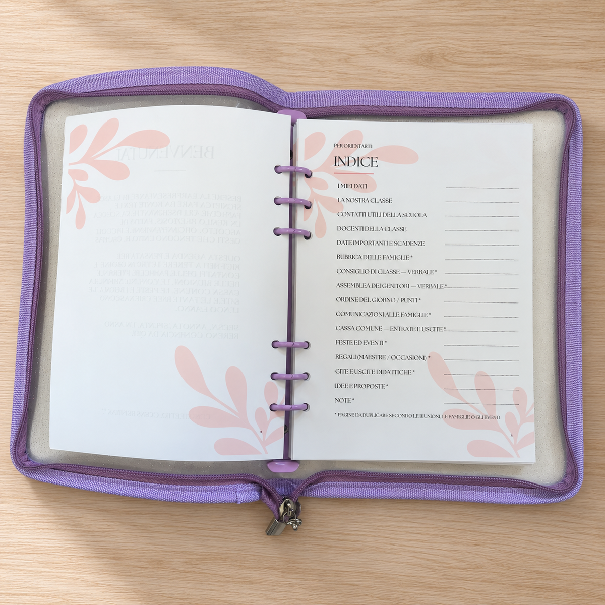 Pagina di benvenuto e indice con le 16 sezioni dell'Agenda della Rappresentante di Classe