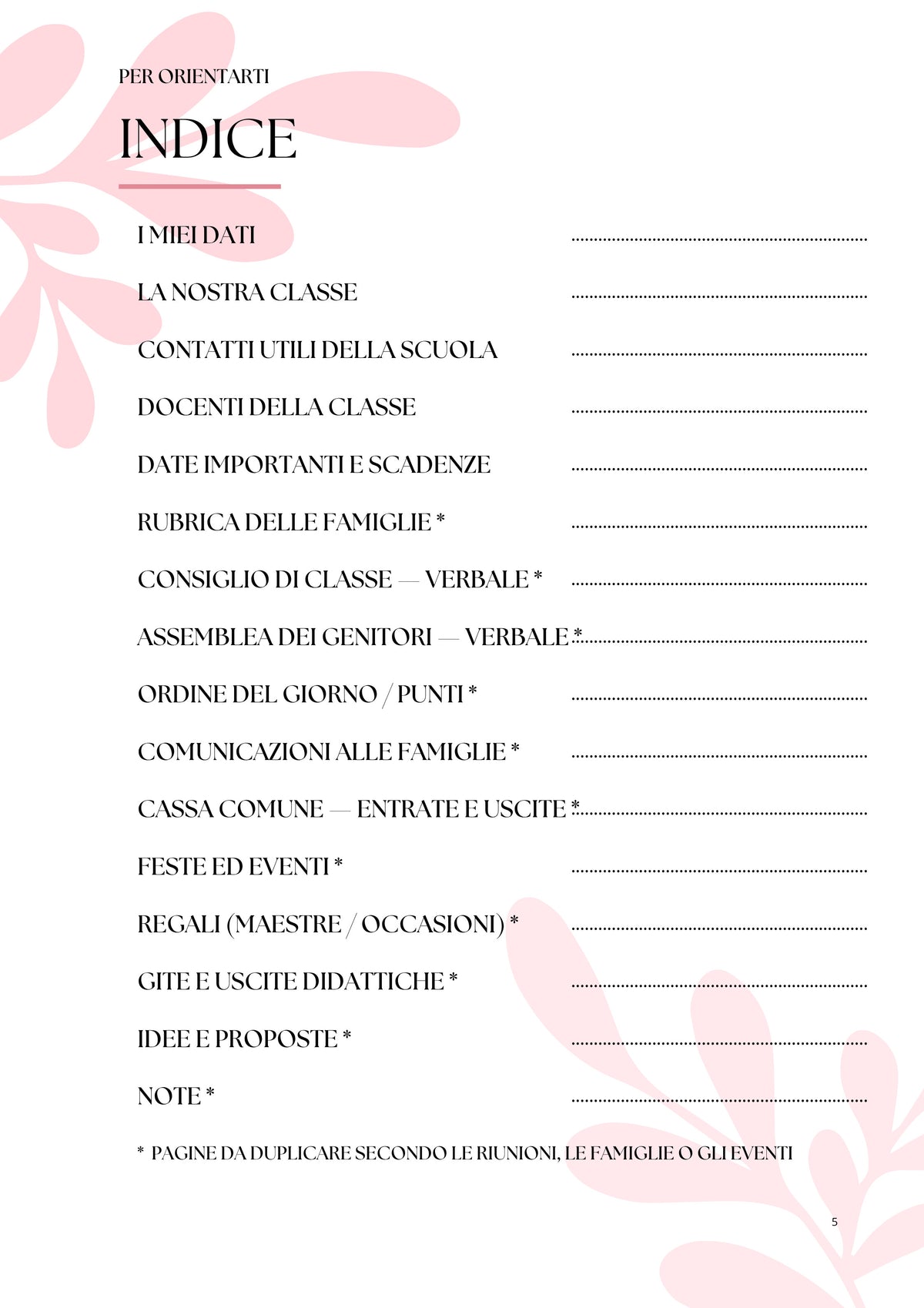 Indice dell'Agenda della Rappresentante di Classe: 16 sezioni per riunioni, cassa comune, feste e gite