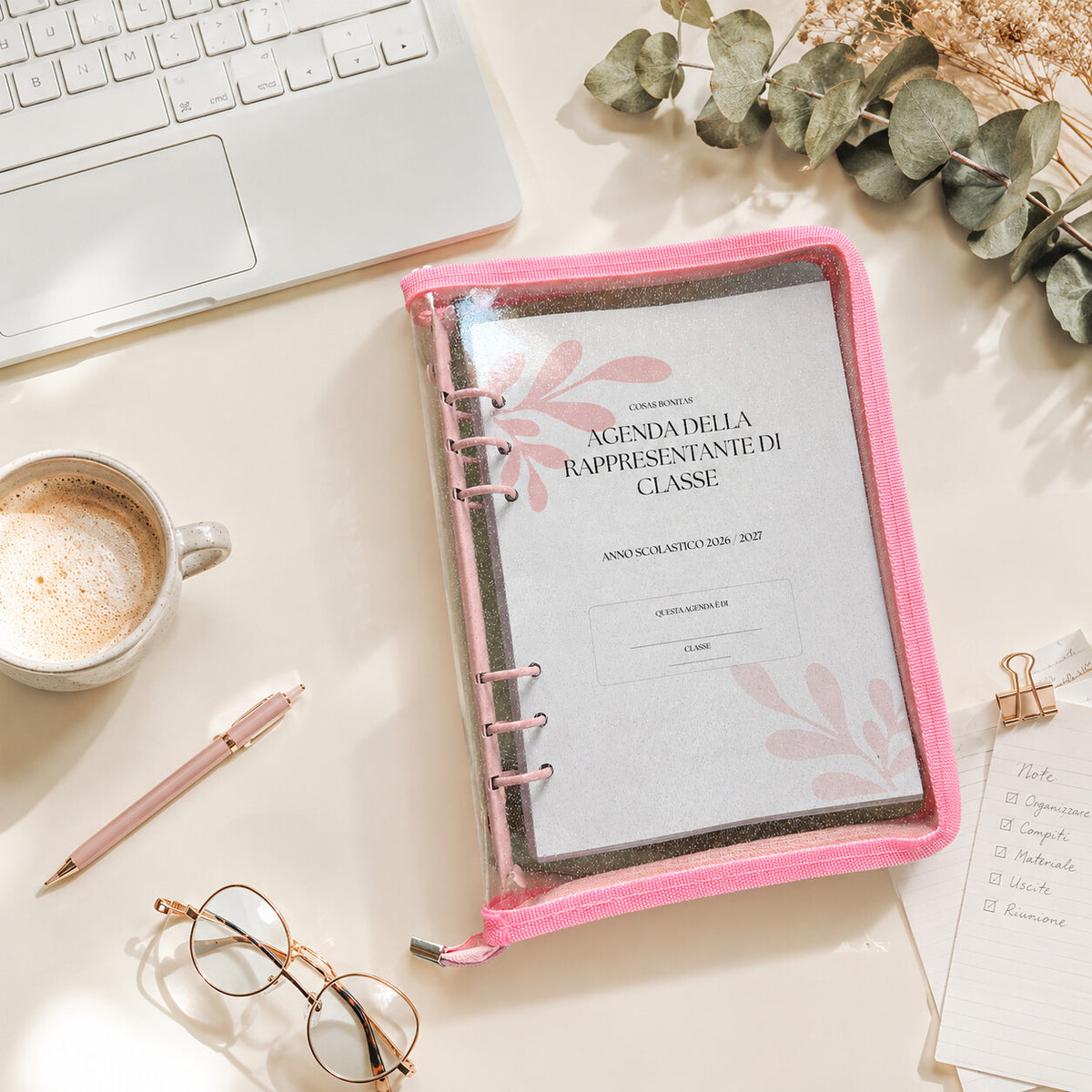 Agenda della Rappresentante di Classe personalizzata in cartella glitter rosa con cerniera, anno scolastico 2026/2027