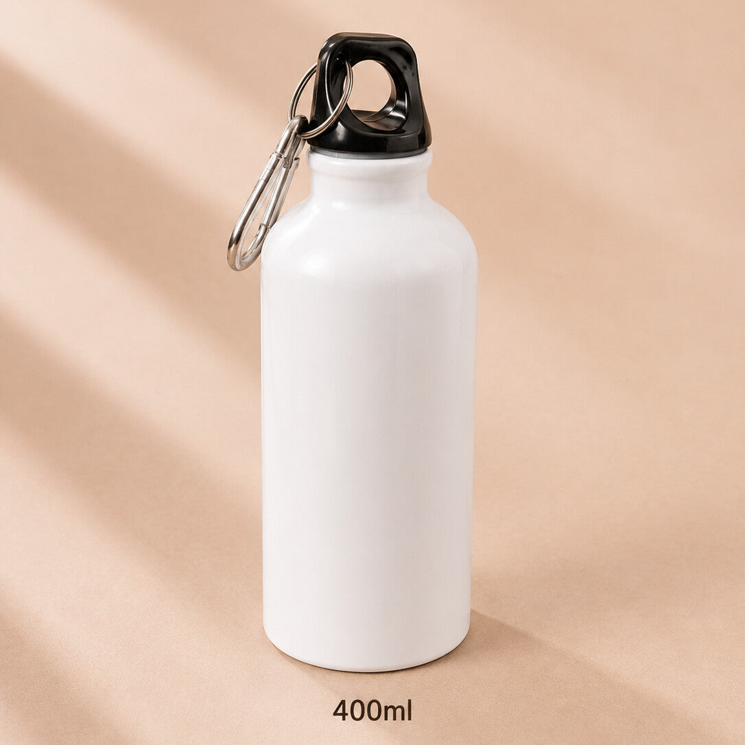 Borraccia FLORCITA in alluminio bianco da 400 ml con moschettone, personalizzata con nome e disegno