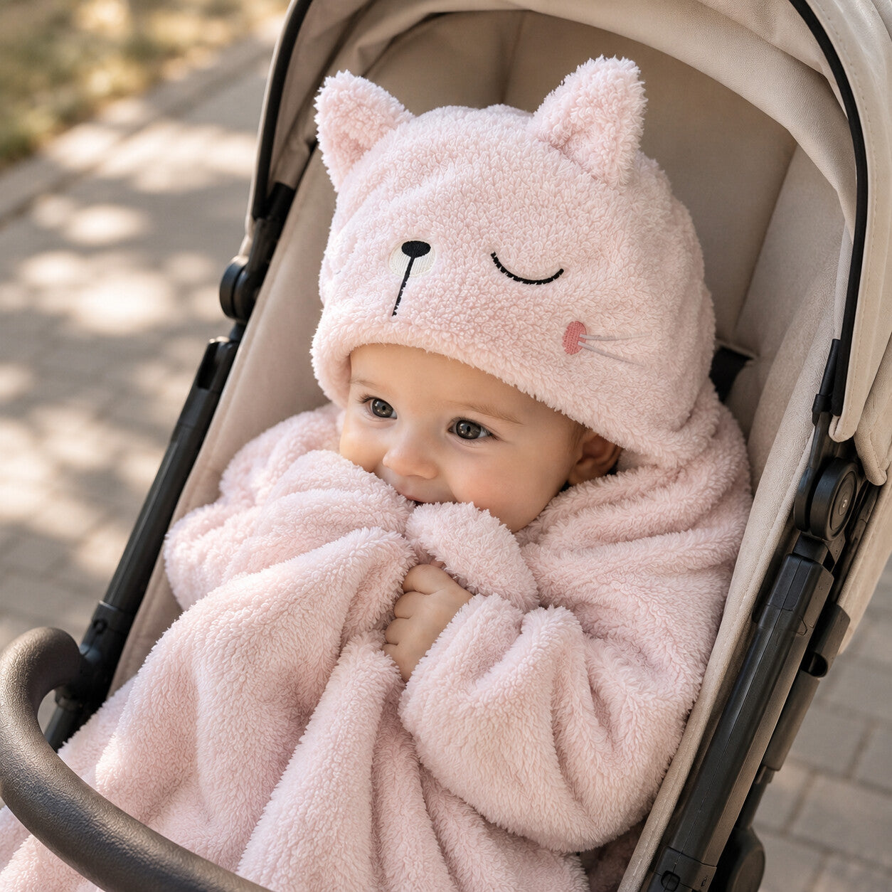 Copertina FATY rosa cipria con cappuccio gattino, bebè avvolto nel passeggino — lifestyle outdoor con luce naturale