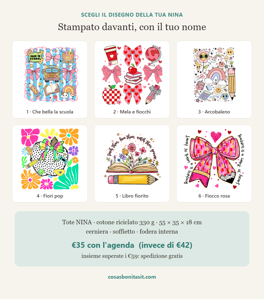 I 6 disegni per chi insegna della Tote NINA — stampati davanti con il tuo nome, €35 con l'agenda