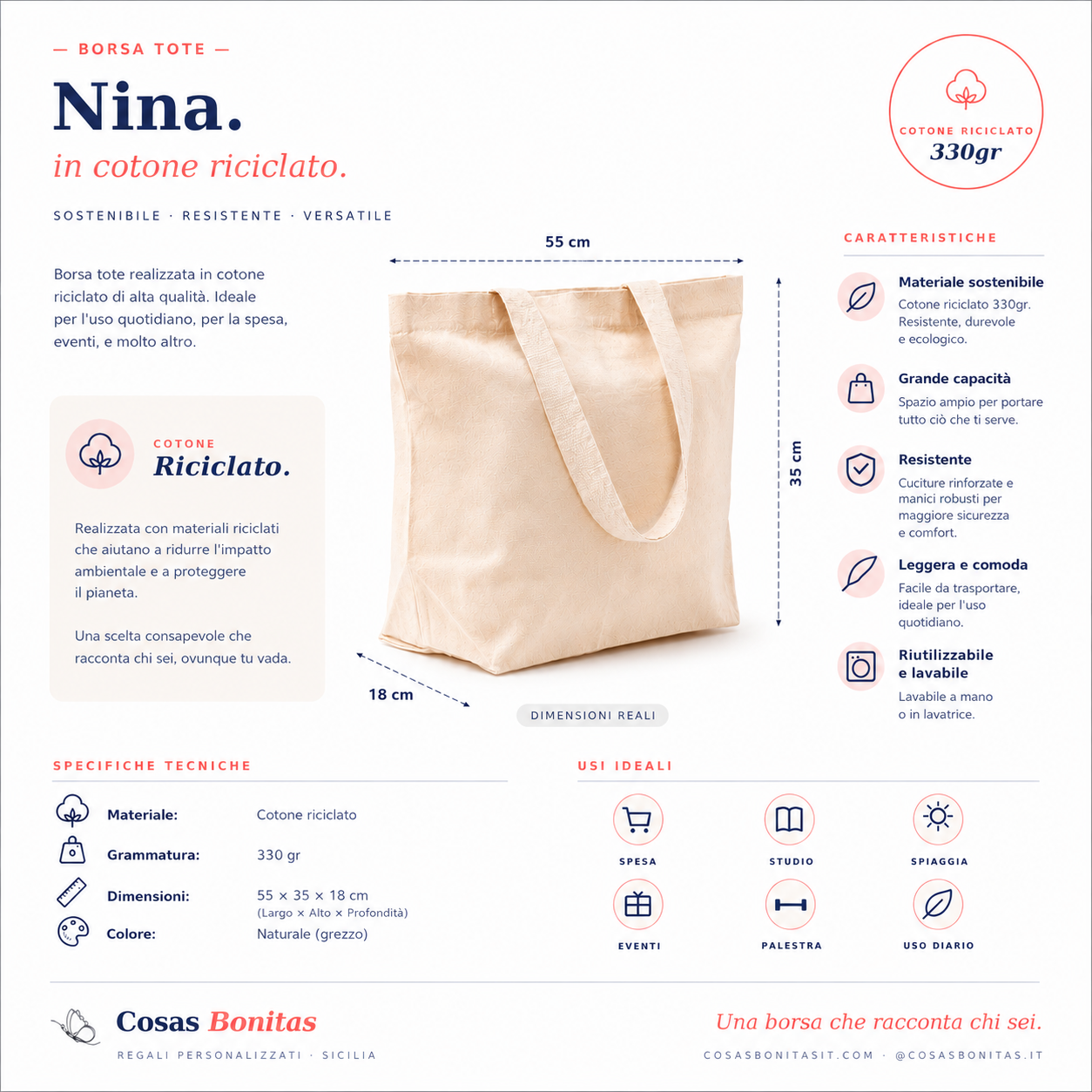 Caratteristiche e misure della Tote NINA — cotone riciclato 330gr, 55×35×18 cm