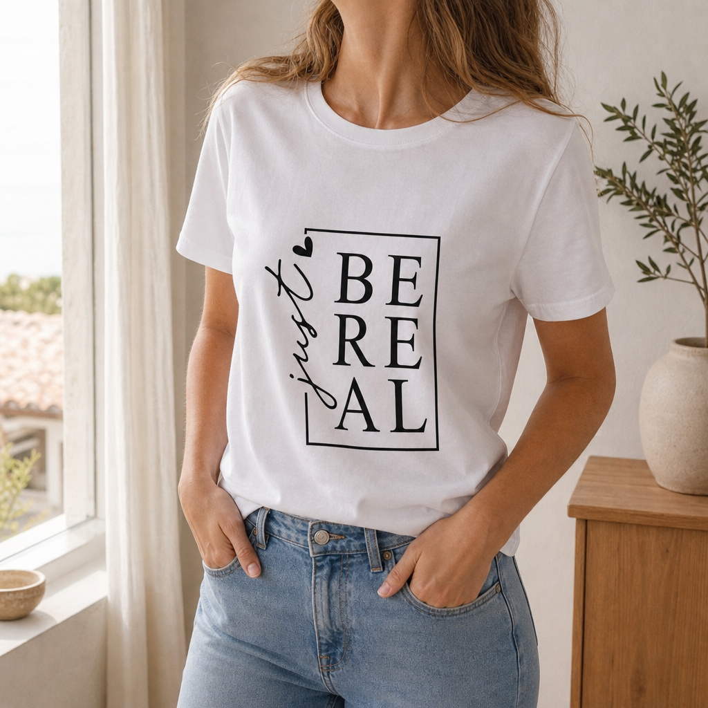T-shirt 'Just Be Real' bianca, lifestyle
