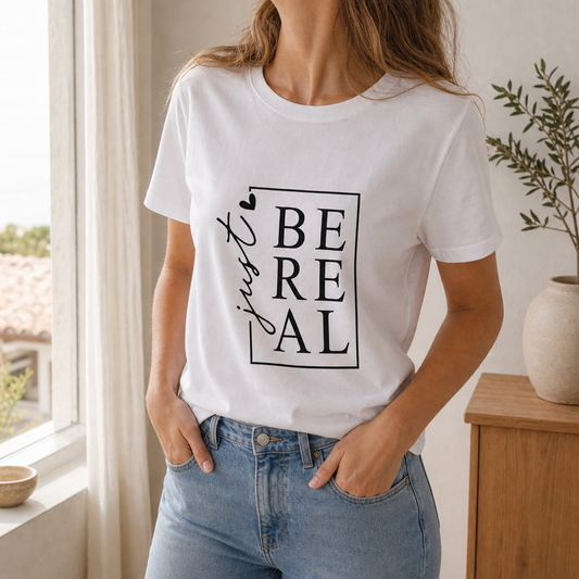 T-shirt 'Just Be Real' bianca, lifestyle