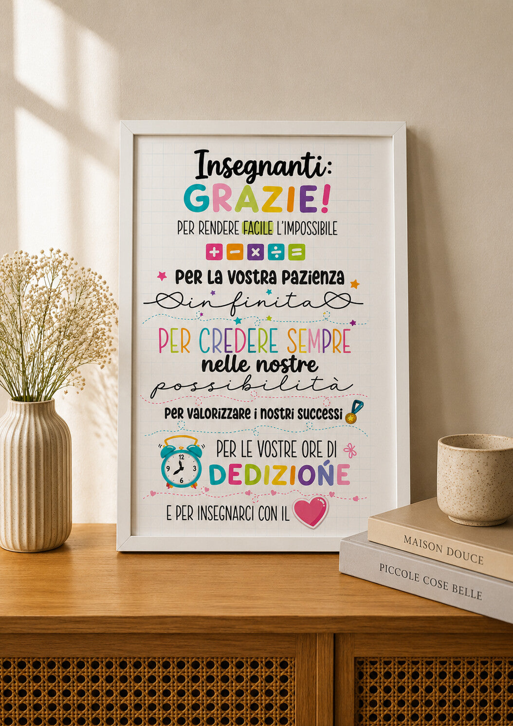 NACRE Insegnanti Grazie versione colorata generica, lifestyle minimalista con fiori bianchi