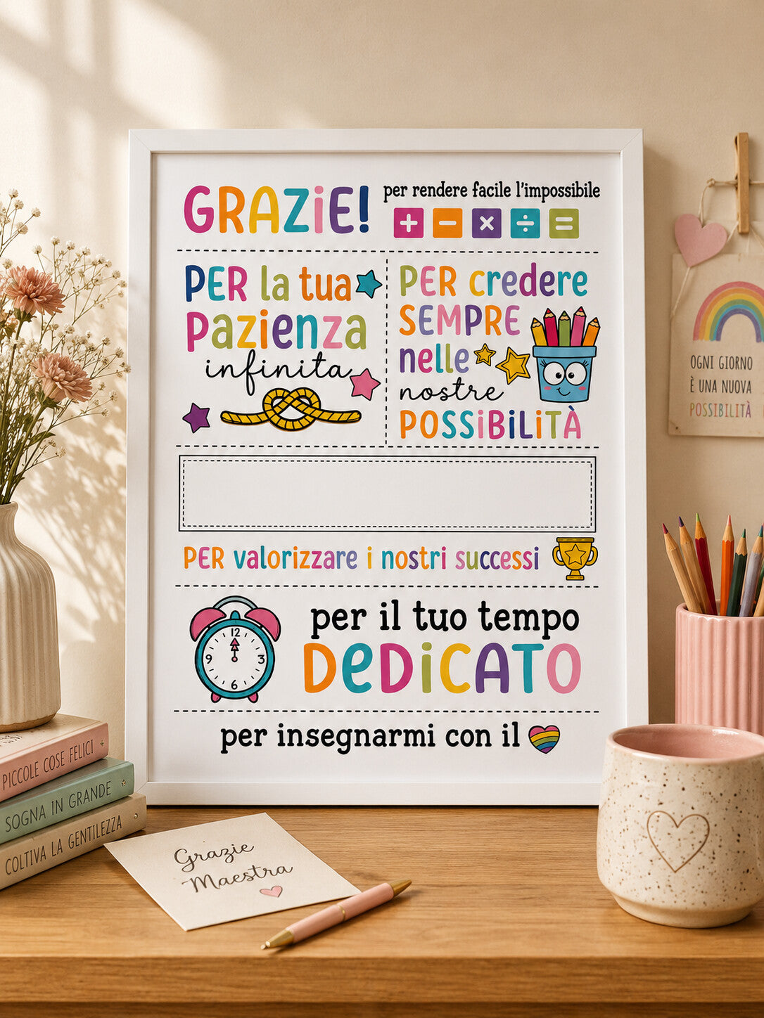 NACRE Maestra Grazie personalizzato colorato con spazio per nome maestra, classe e scuola, lifestyle con fiori e lapis