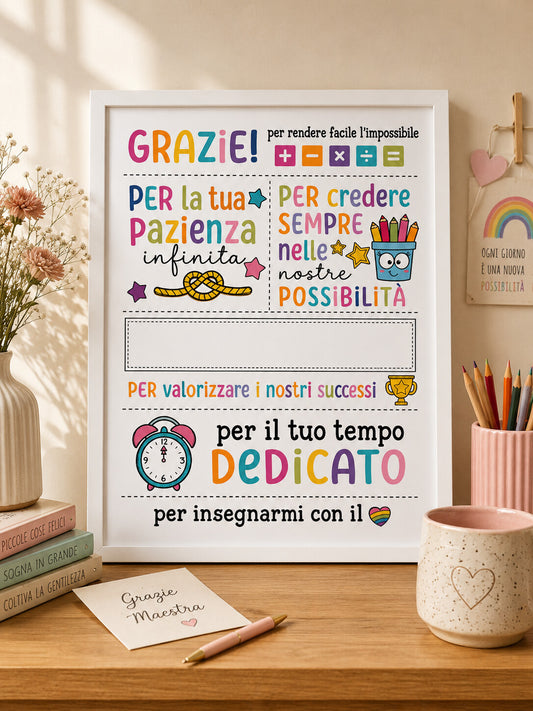NACRE Maestra Grazie personalizzato colorato con spazio per nome maestra, classe e scuola, lifestyle con fiori e lapis