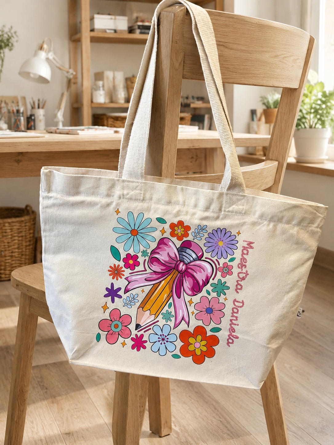 Tote NINA personalizzata per la maestra — disegno con fiocco, matita e fiori e il nome stampato davanti