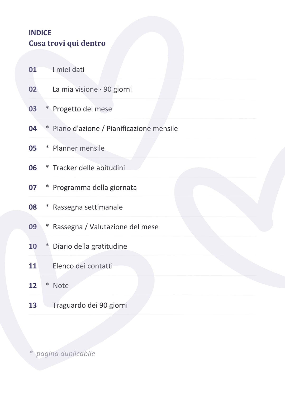 Indice del Planner 90 Giorni: 13 sezioni tra obiettivi, tracker abitudini, programma della giornata e diario della gratitudine
