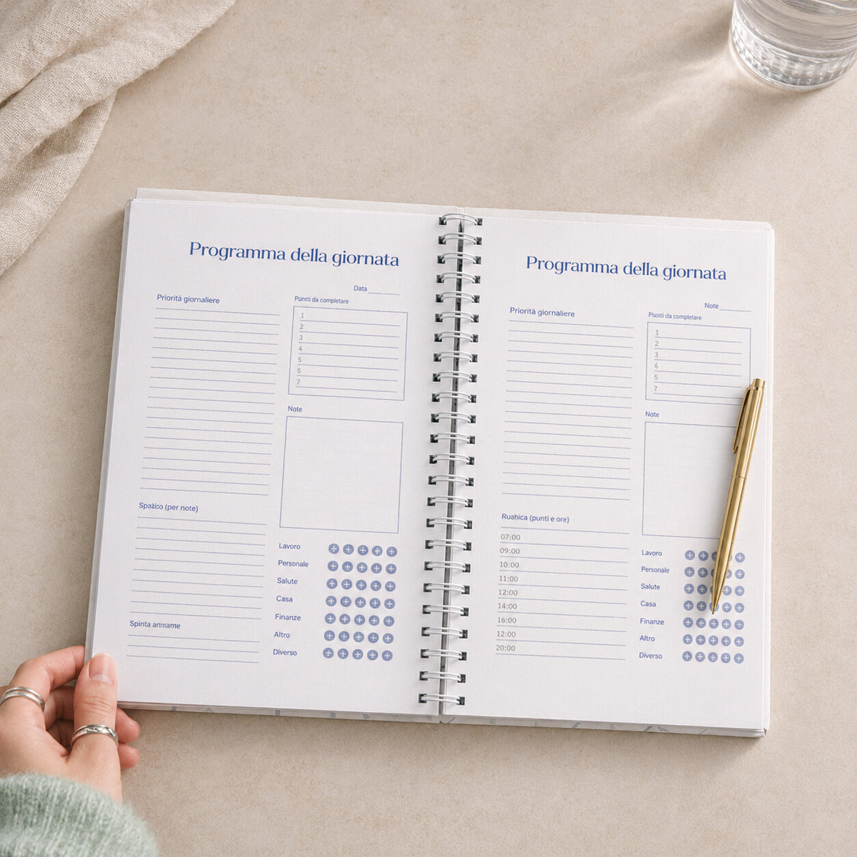Pagina Programma della giornata del Planner 90 Giorni con priorità, punti da completare e note