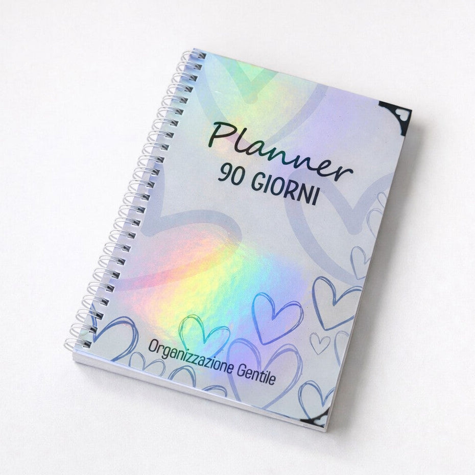 Planner 90 Giorni Organizzazione Gentile con copertina olografica a cuori e spirale, fatto a mano