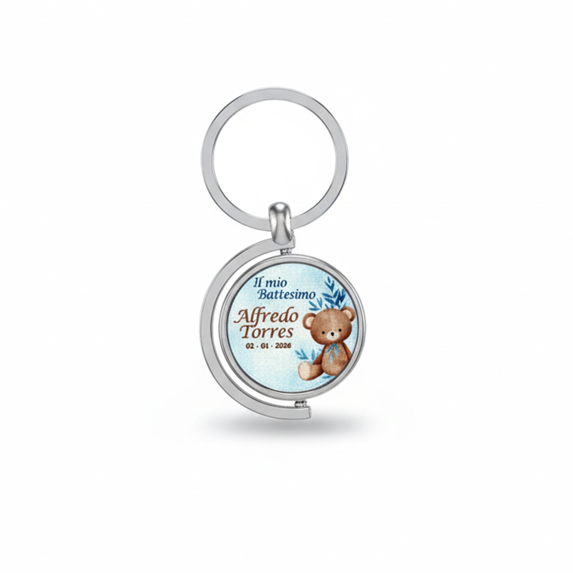 Portachiavi battesimo orsetto azzurro personalizzato - fronte