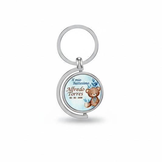 Portachiavi battesimo orsetto azzurro personalizzato - fronte