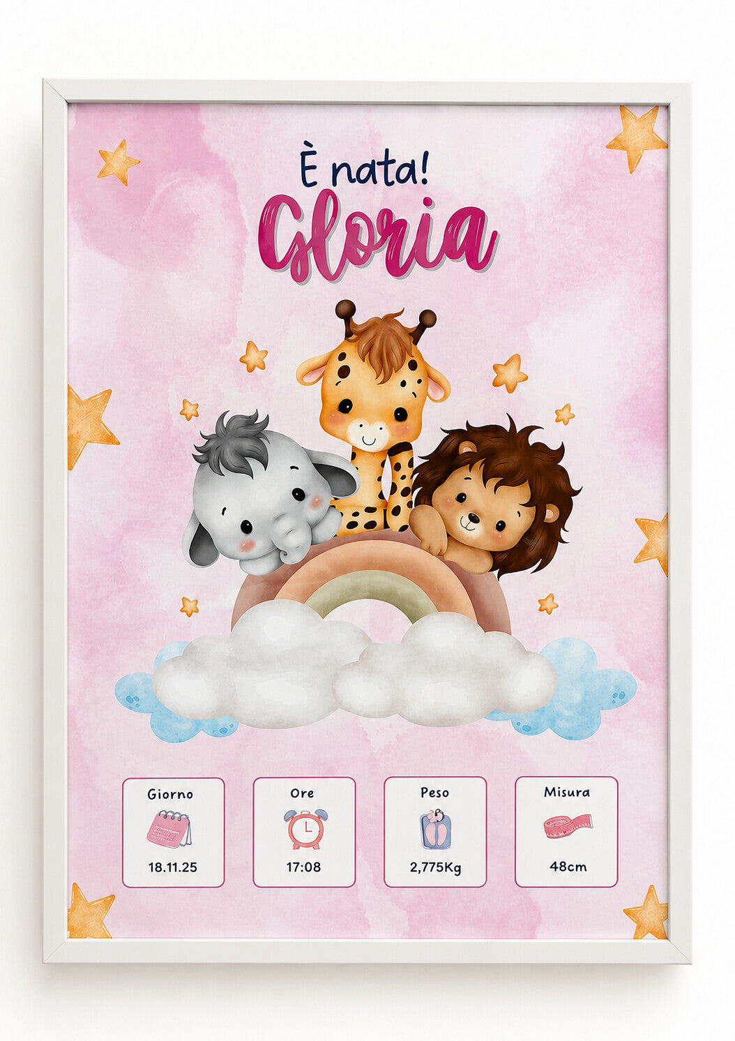 Placca Nacre personalizzata nascita con animali safari rosa e nome, primo piano
