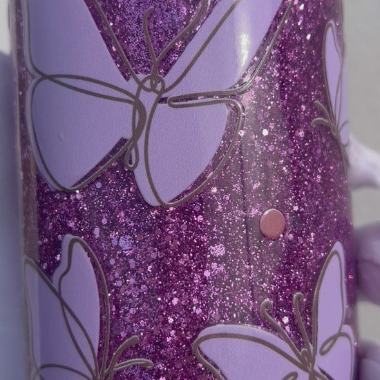 Video snowglobe tumbler Butterfly Lilac in movimento, glitter farfalle viola