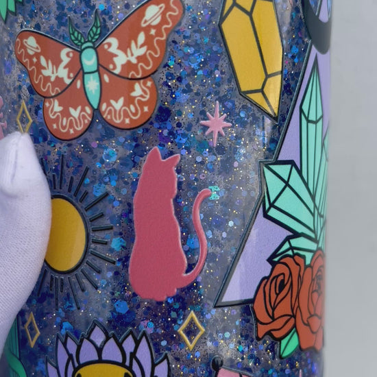 Video snowglobe tumbler Mystic Crystals in movimento, glitter cristalli