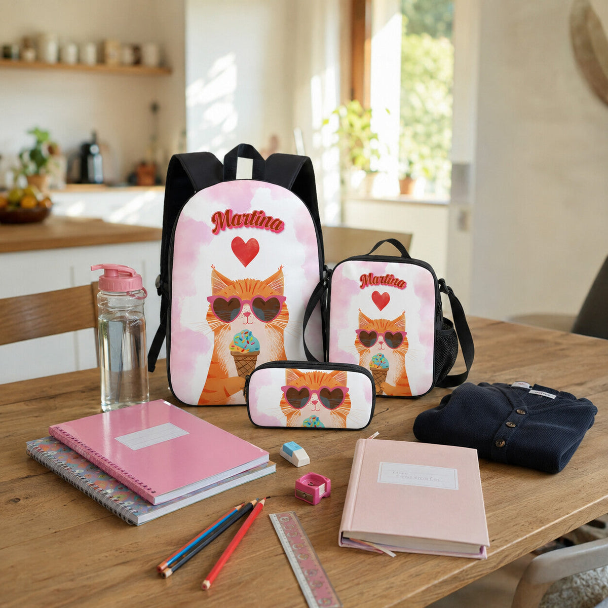 Set coordinato del Kit Elementare: zaino, porta pranzo termico e astuccio con lo stesso disegno