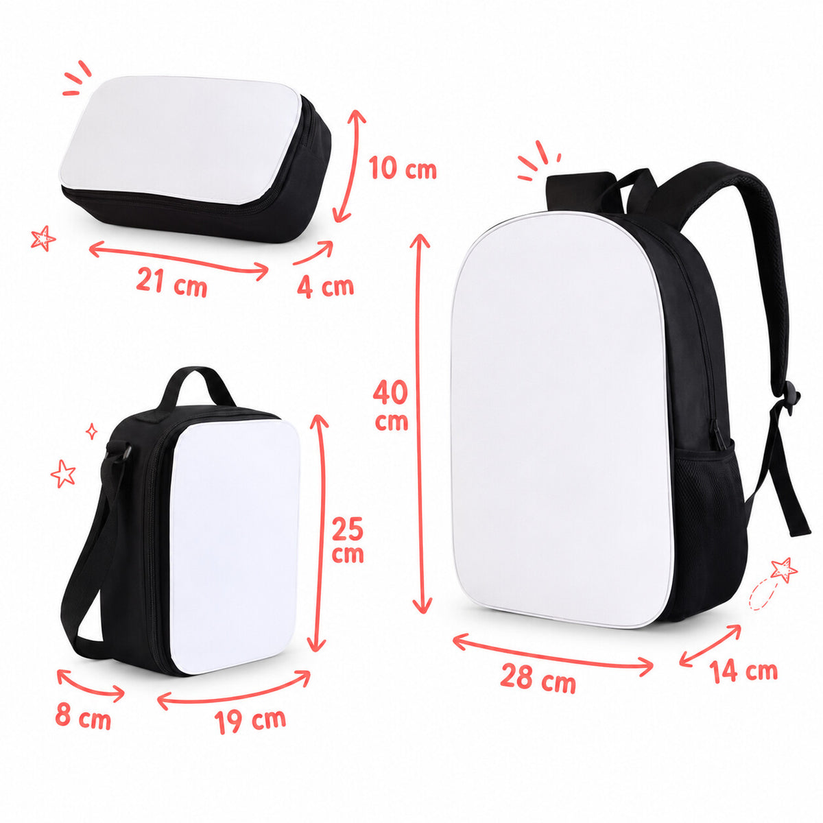 Misure del set scuola IRIS nero: dimensioni di zaino, porta pranzo termico e astuccio