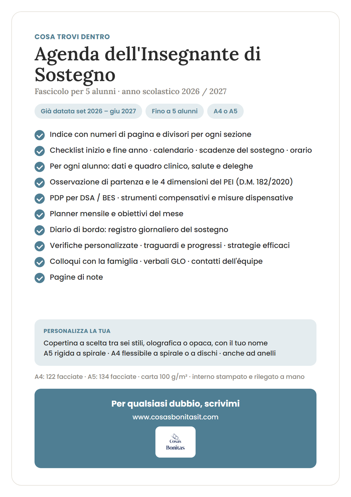 Cosa trovi dentro l'Agenda per il Sostegno: scadenze GLO e PEI, fascicoli degli alunni, PDP, diario di bordo, colloqui con la famiglia