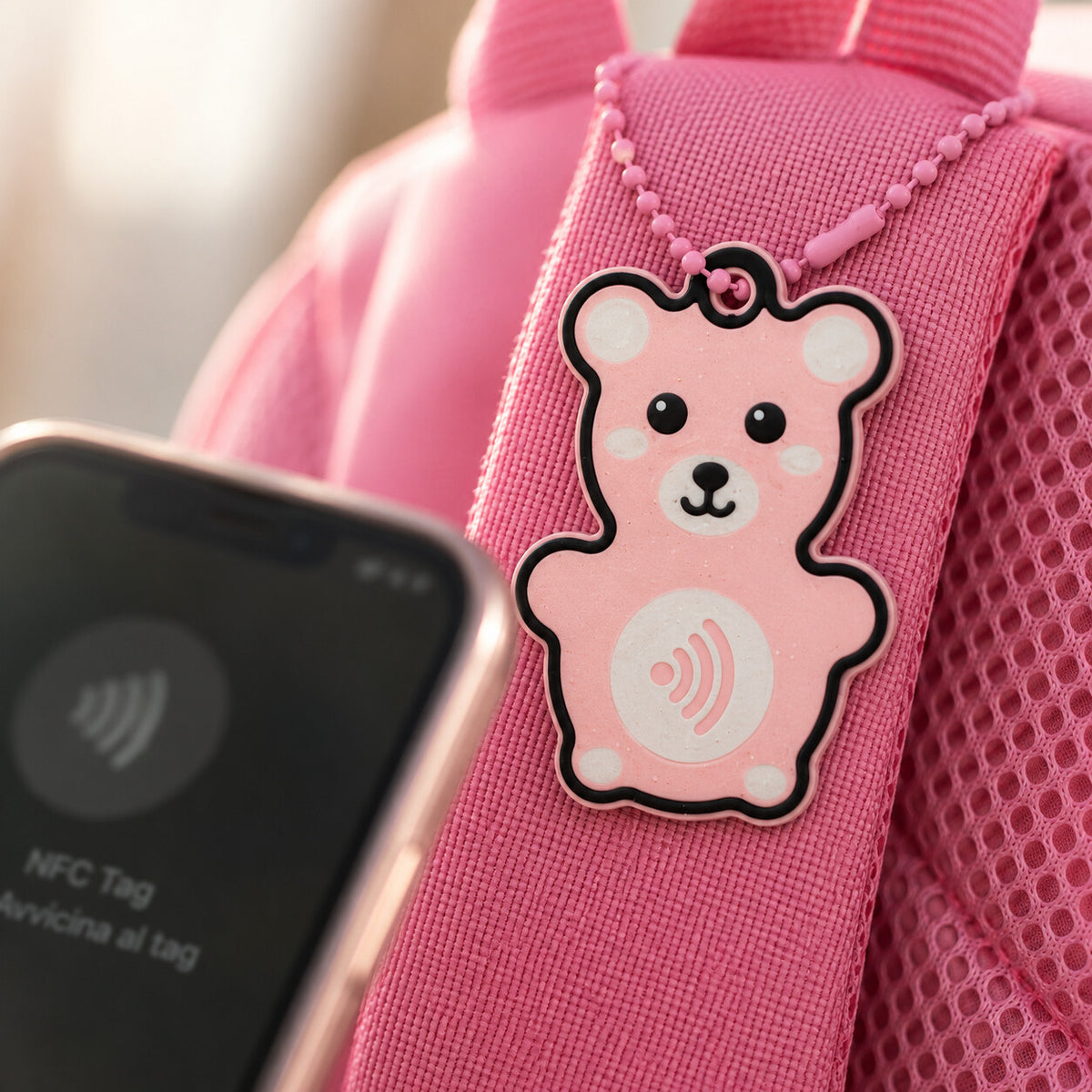 Tag SOS a forma di orsetto rosa con simbolo NFC, appeso allo zaino e letto dallo smartphone