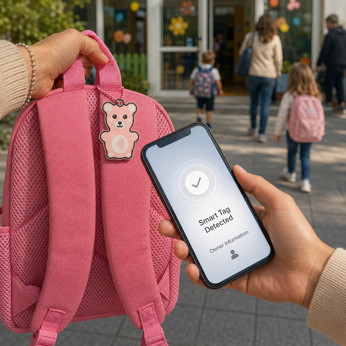 Mamma che avvicina lo smartphone al Tag SOS orsetto sullo zaino, davanti alla scuola