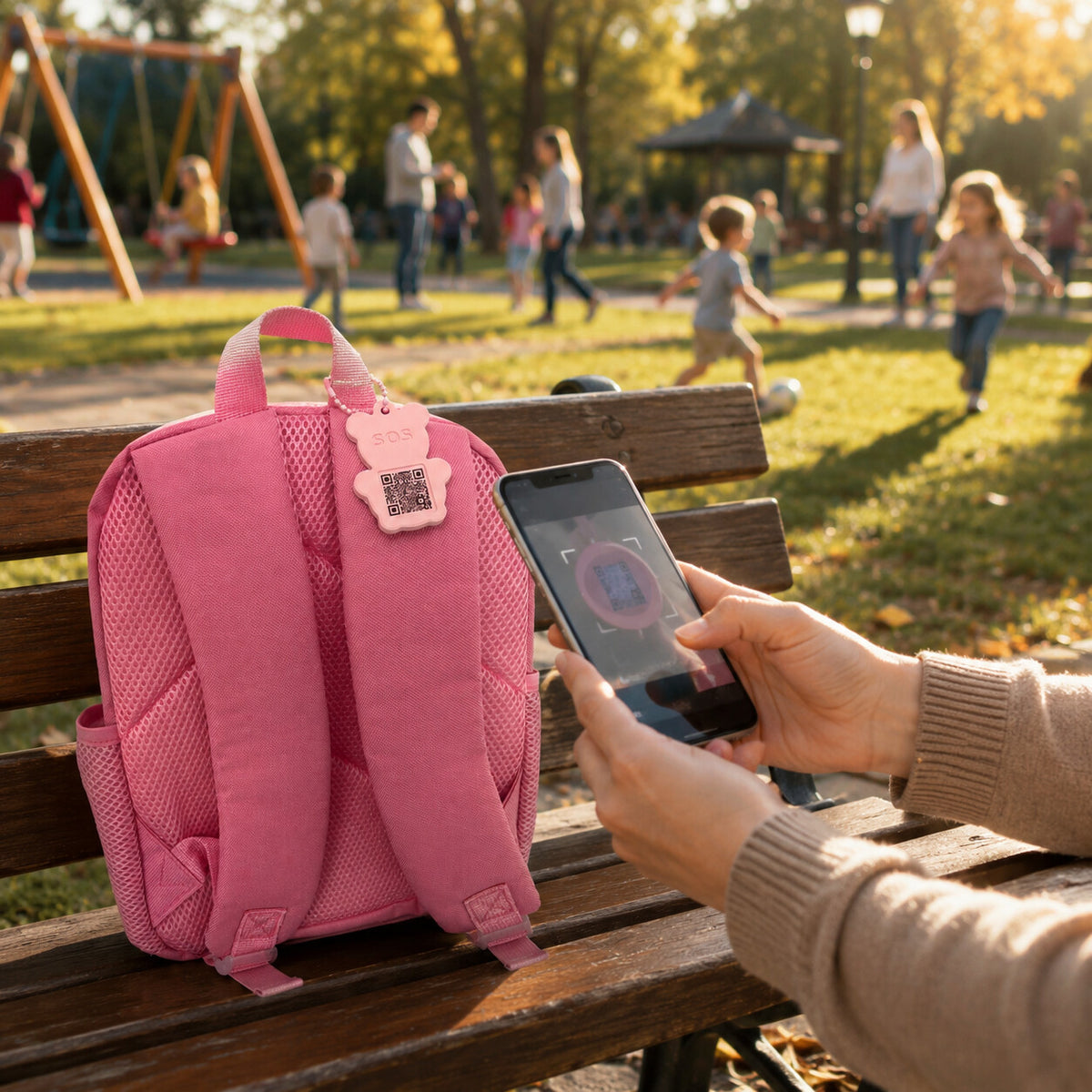 Retro del Tag SOS orsetto con QR code, inquadrato dalla fotocamera dello smartphone al parco