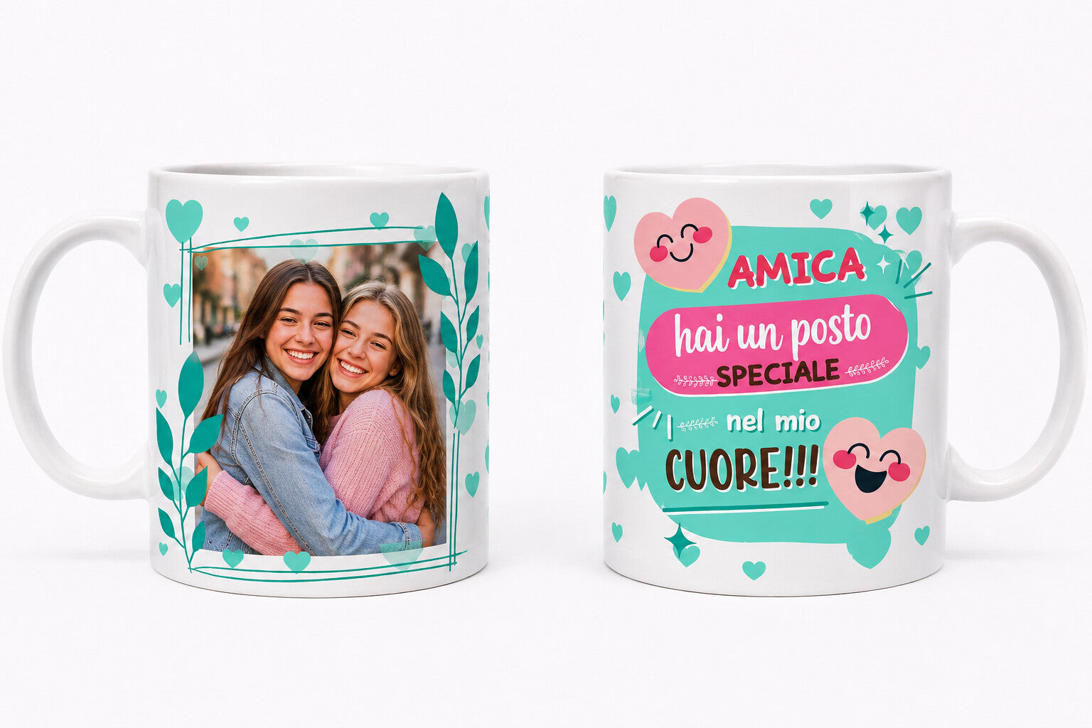 Tazza personalizzata con cuore amica, vista fronte e retro