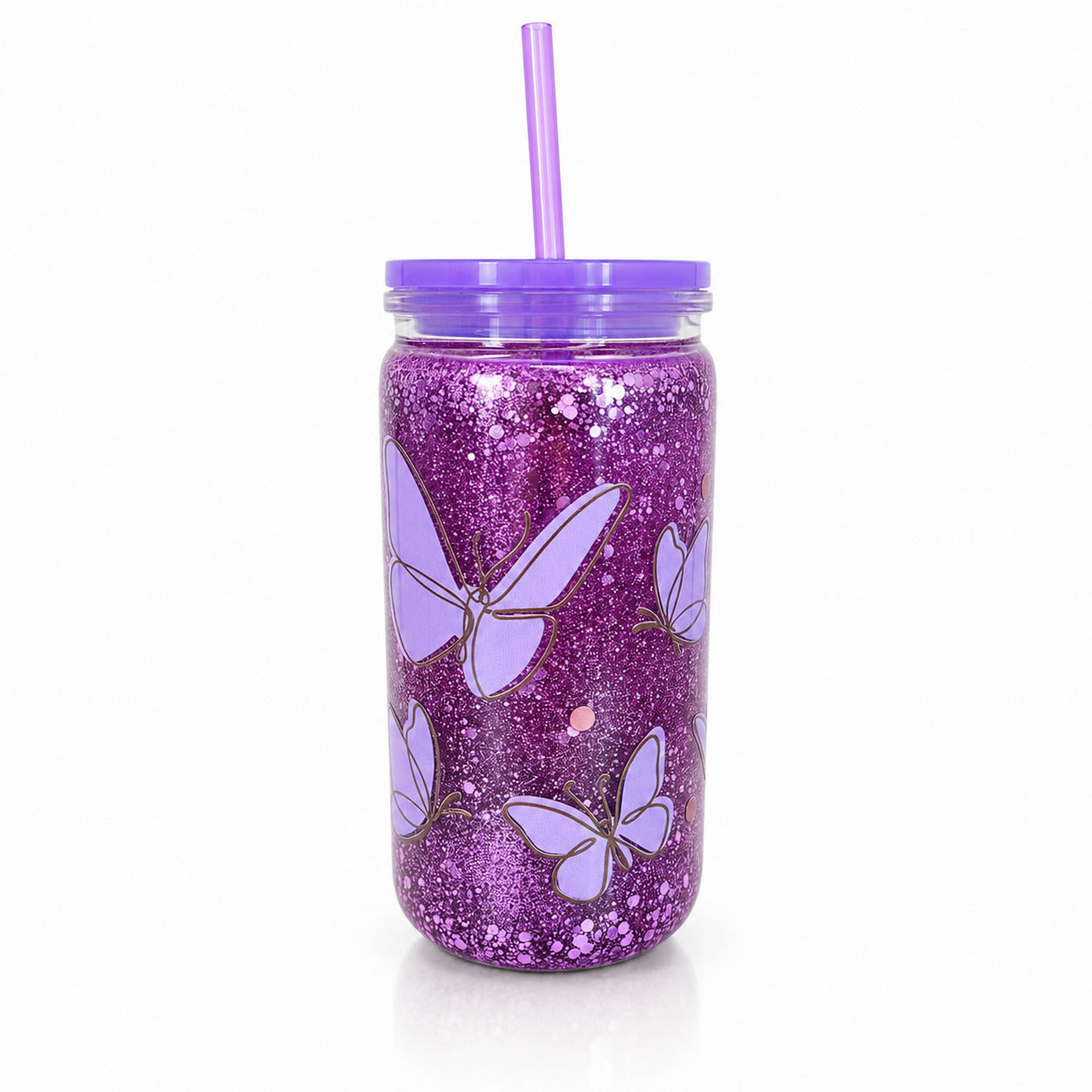 snowglobe tumbler Butterfly Lilac farfalle lilla, vista frontale