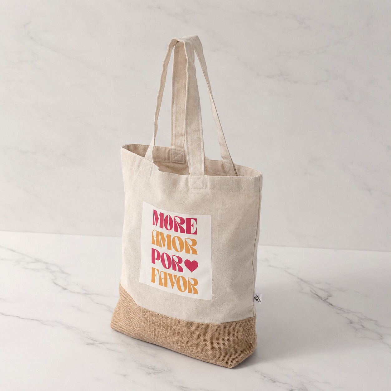 Tote bag cotone naturale e yute con stampa tipografica More Amor Por Favor