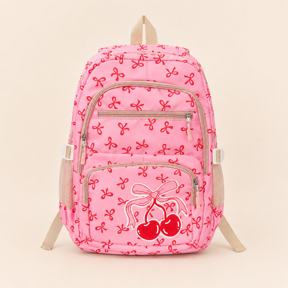 Zaino scuola MILA con ciliegie e fiocchi rosa, vista frontale